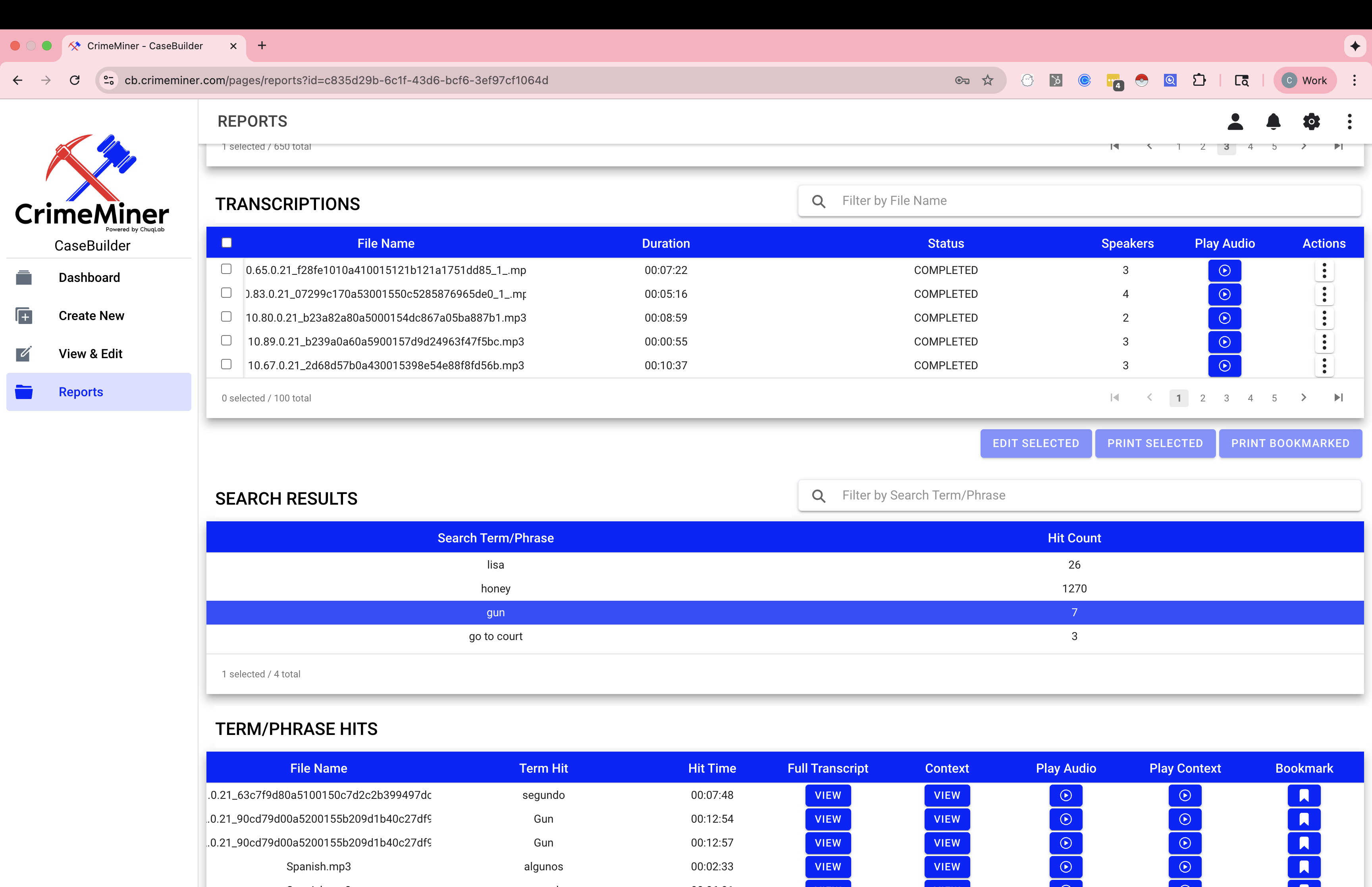 CrimeMiner interface showing transcript search and keyword analysis
